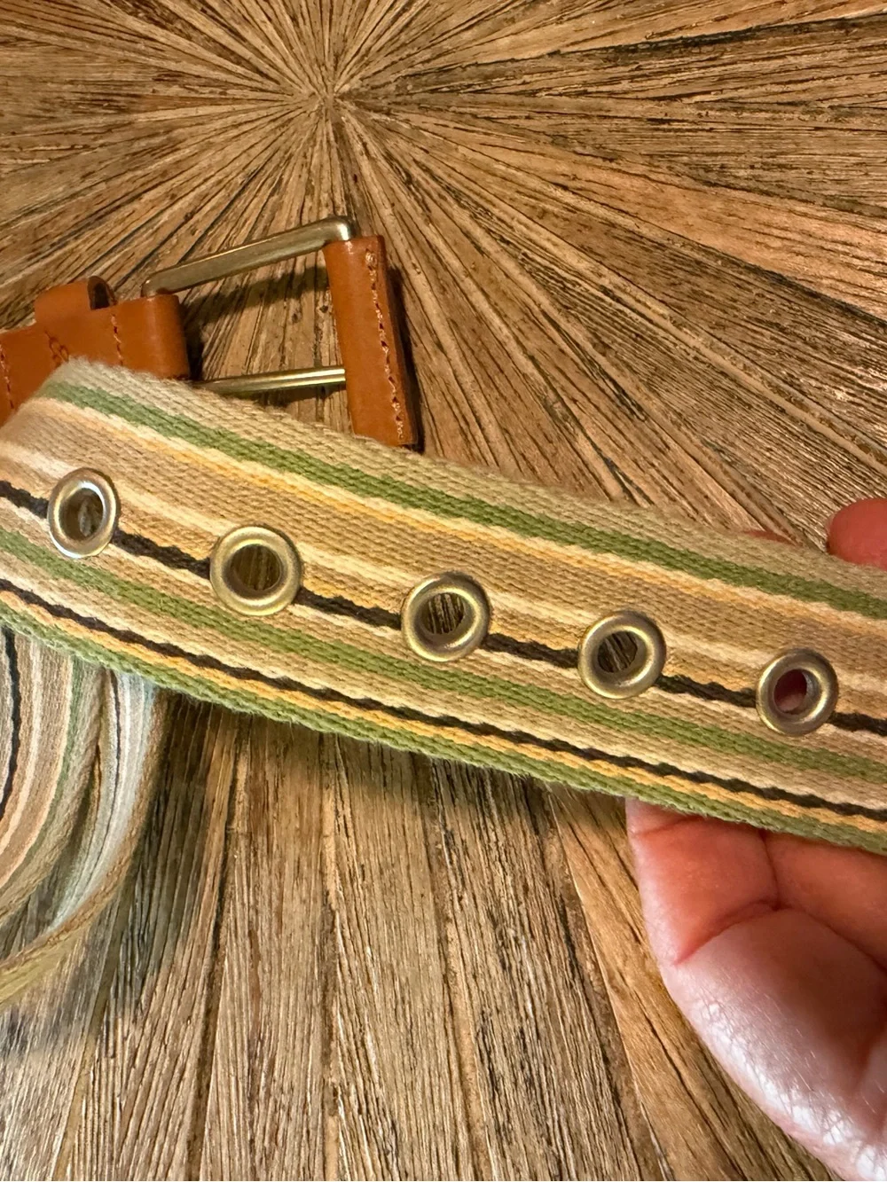 NWT Eddie Bauer Men’s Striped Canvas Web Belt Genuine Leather Trim Size Medium